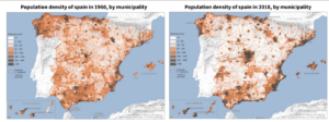 Population density in Spain by municipality in 1960 vs 2018